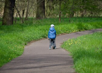 Fototapeta premium Back view of a small boy in a blue jacket riding a balance bike on a winding asphalt path in a spring forest or park. Bright green grass on the roadsides, tall trees, and soft sunlight. Concept of