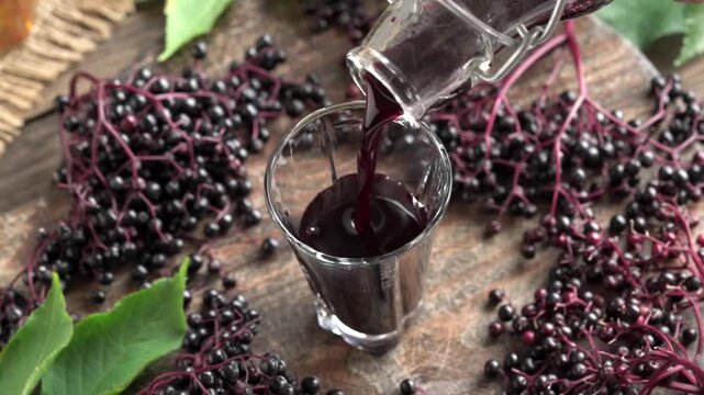 Pouring homemade black elderberry syrup from a bottle into a glass cup on a table