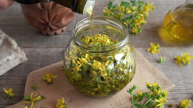 Pouring olive oil into a jar filled with fresh St. John's Wort flowers to prepare homemade herbal remedy