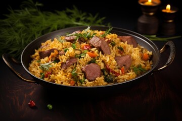 Fototapeta premium Flavorful pilaf with tender beef, colorful vegetables, and fresh herbs in a metal serving pan