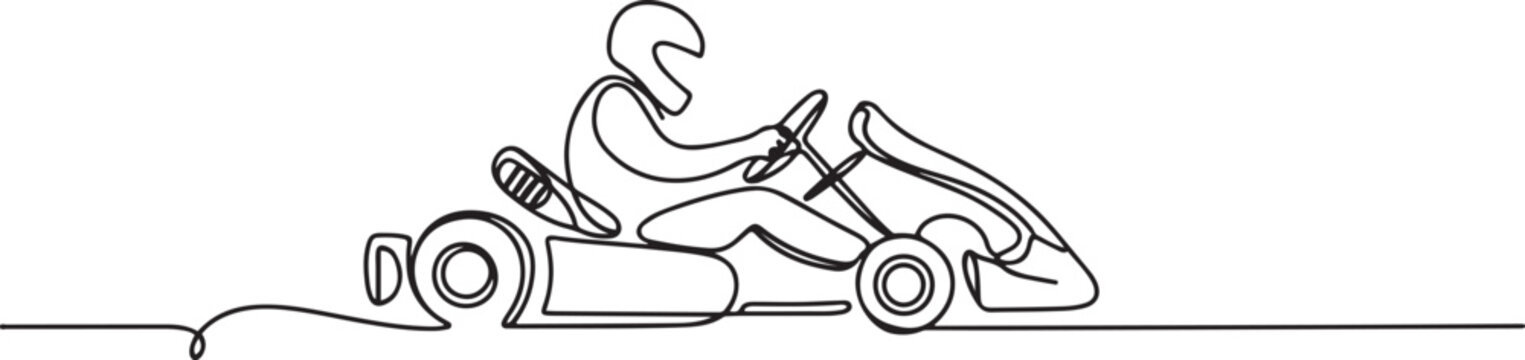 Continuous one line drawing of Karting driver on race . Go-Kart Racers Drive single line art illustration. Editable vector. one line Icon drawing