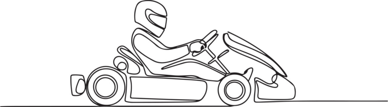 Continuous one line drawing of Karting driver on race . Go-Kart Racers Drive single line art illustration. Editable vector. one line Icon drawing