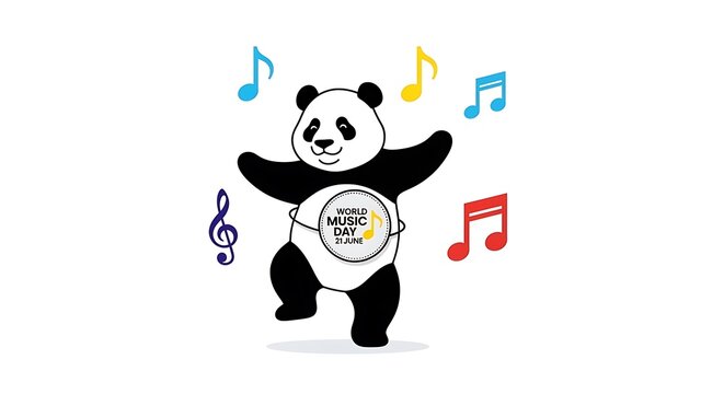 Happy dancing panda surrounded by colorful musical symbols celebrating world music day with joyful movements