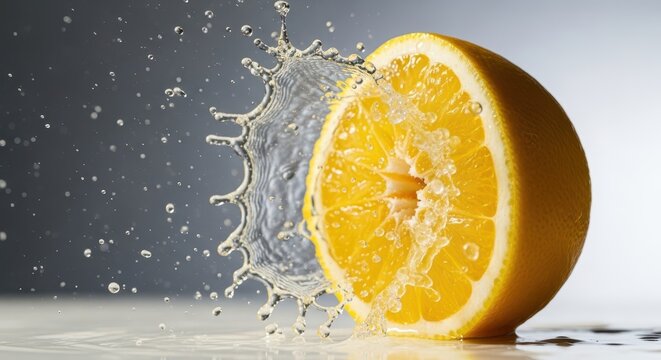 Vibrant macro view of a fresh yellow citrus fruit halved and vigorously squeezed, creating an energetic splash of sour liquid, pulp, preparation, taste