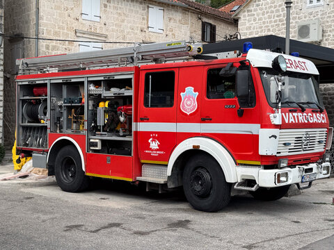  18.04.2026,Perast,Montenegro.Fire Engine with Open Equipment Compartments