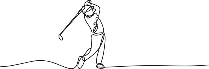 One single line drawing of young sporty golf player hit the ball. one line Icon drawing © MofajjolHossen
