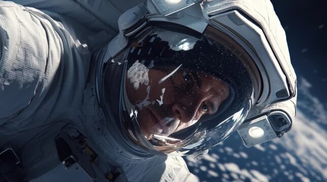 Close up of astronaut face through helmet visor with Earth reflection, space mission portrait, human in space, exploration concept