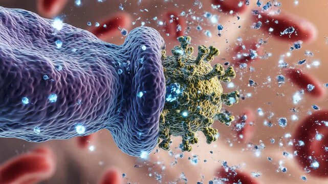 Microscopic view of immune cell attacking virus in bloodstream with red blood cells.