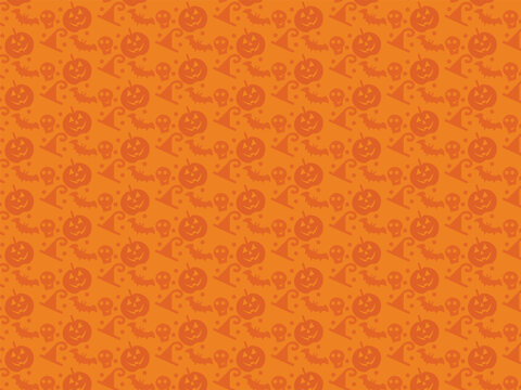 Seamless Halloween Pattern with Pumpkins, Skulls and Bats on Orange Background