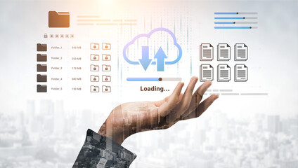 A conceptual image of a hand representing data transfer in cloud computing, showcasing files and management in a modern workspace setting. Ideal for tech and business themes. Ledger