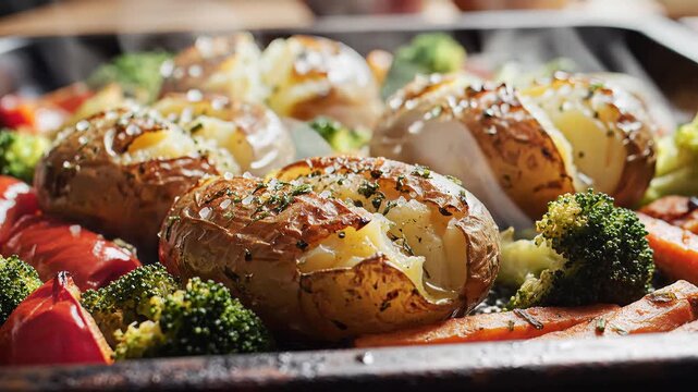 Delicious Baked Potatoes with Steamed Vegetables on a Baking Sheet.