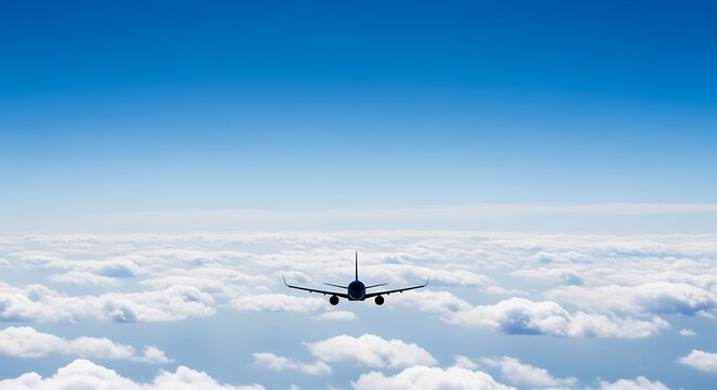 Airplane soaring through a sea of fluffy white clouds at sunset illustration
