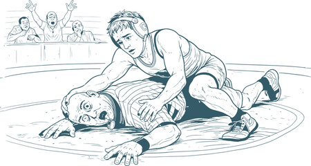 Obraz premium Wrestler Pinning Opponent Mat Line Art Vector