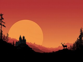 Fototapeta premium Serene Scottish Highlands, Distant silhouetted castle, lone stag silhouette, and a large red sun disk