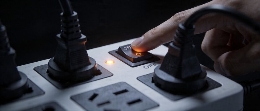 Finger turning off a power strip switch to save energy