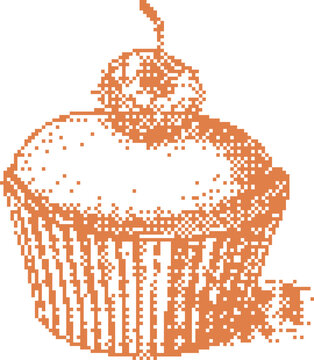 Pixelated cupcake with cherry topping isolated on white background in retro digital style