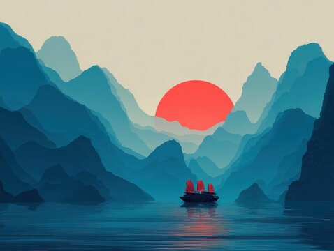 Serene Vietnamese Ha Long Bay, multi-layered   mountains in blues, central junk boat with a large, clean red sun behind it