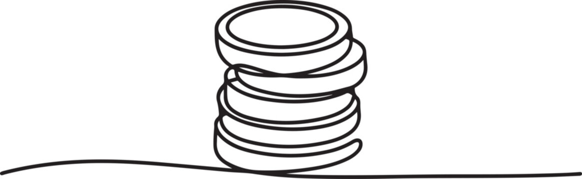 Coins stack continuous one line drawing. Coins money in simple linear style. Coins money symbol of financial success and investment business. one line Icon drawing