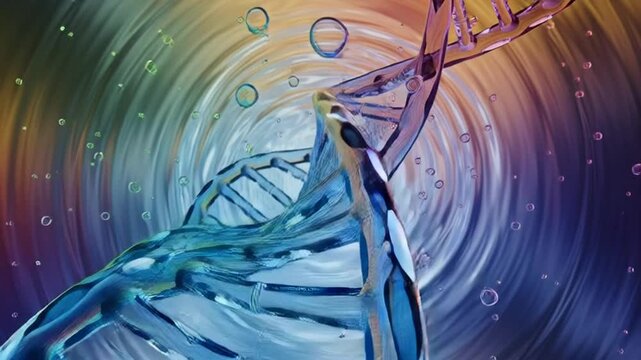 A vibrant, swirling DNA double helix structure spins dynamically in a colorful, gradient environment with bubbles.