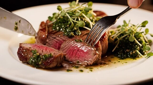 Chef carefully cuts into a medium-rare steak revealing a juicy, tender slice on a white plate with sauce and garnish.