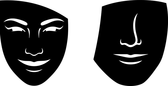 Dramatic theater masks in black and white vector style, theatrical comedy and tragedy face silhouettes, performing arts and acting icons
