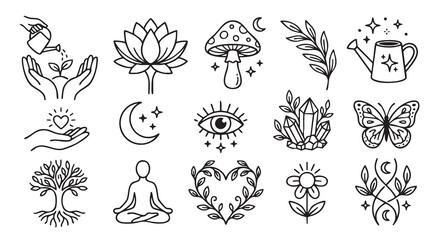 Obraz premium Black and white line art illustrations of various spiritual and mystical symbols
