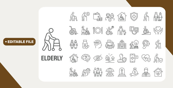 Elderly web icons in line style editable stroke. Care, pension, senior, grandparents, wheelchair, doctor, alzheimer, caregiver, retirement, collection. Editable stroke. Vector illustration.