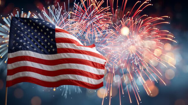American flag waving against vibrant fireworks celebrating independence day