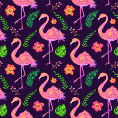 Naklejka premium Tropical summer seamless pattern with flamingo and exotic flowers. Tropical paradise, perfect for summer-themed projects, textiles, packaging, wallpapers, and beachwear.
