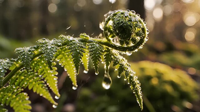 Closeup of a fern frond unfurling with water droplets.
