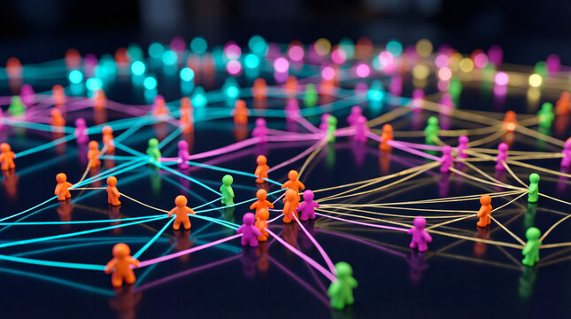 Human figures connected by lines showing social network data communication concept