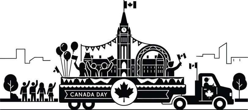 A festive Canada Day parade float with people celebrating in a city