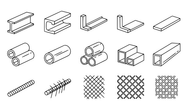 Structural steel outline icon set vector metal beams pipes industrial design