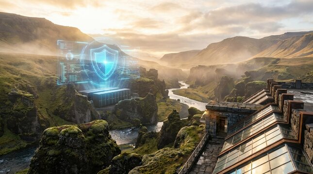 Cybersecurity concept with shield and data captured in a sprawling wide angle landscape with dramatic natural elements.. This