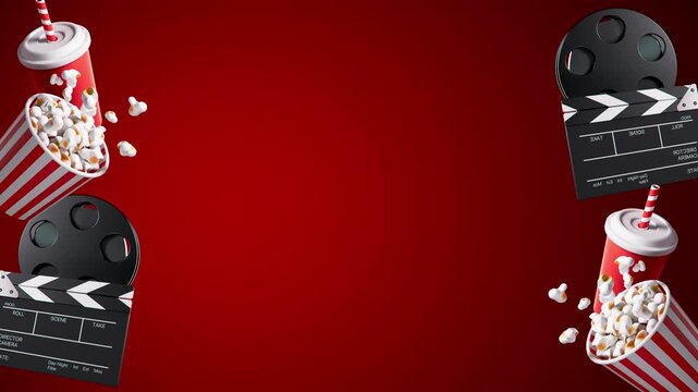 Cinema concept background with popcorn, soda and film reel, copy space for text 4