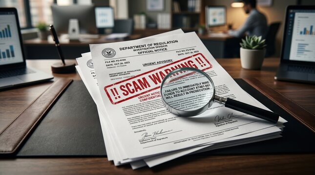Official-looking document with a red SCAM warning stamp and a magnifying glass on a professional desk. The image focuses on a