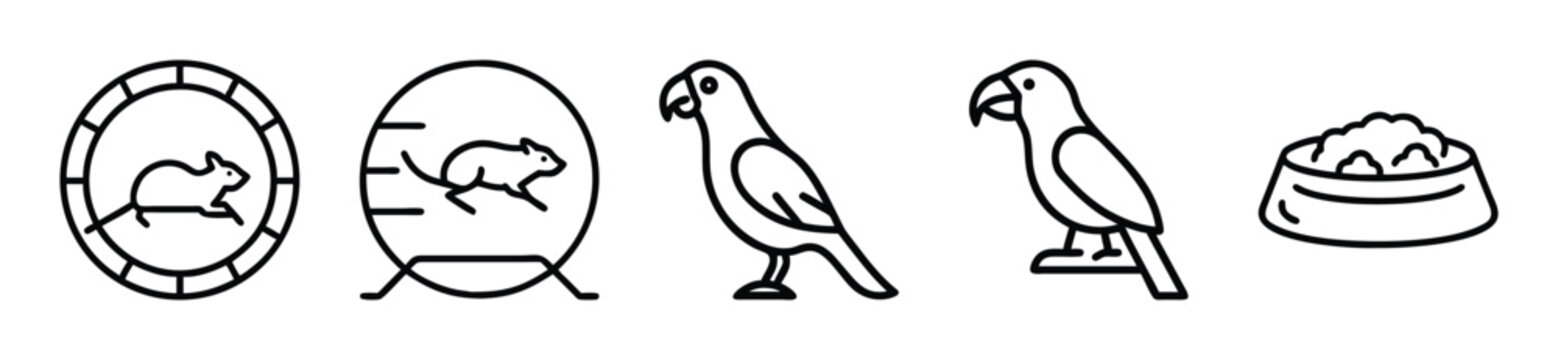 A vector graphic illustration showing various pet themed icons like hamsters in wheels along with parrots and a dish of animal food.