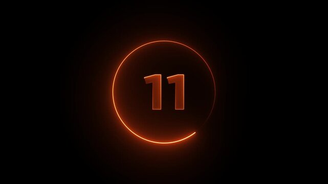 Neon yellow color with circle Number 11 text icon animation education mathematic digit count finance countdown icon sign symbol on black background.