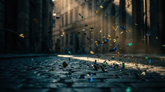 Cinematic perspective of floating decorative confetti particles from a low angle with dramatic lighting and shadows.. This dynamic