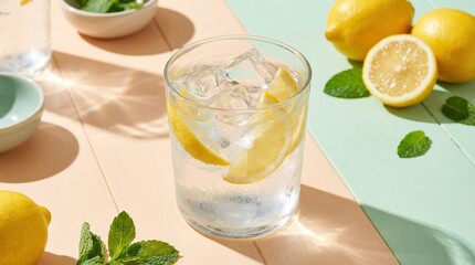 Fototapeta premium Refreshing glass of lemon water with fresh citrus slices and ice cubes on a soft pastel-colored table in bright sunlight. The