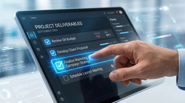 Conceptual image of a hand ticking a checkbox on a digital screen with a glowing blue selection and a professional UI design. The