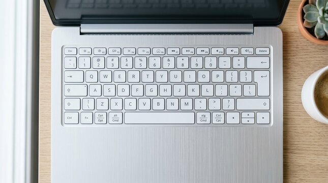 Sleek minimalist keys showing keyboard layout with numbers and special characters on a modern laptop deck in bright natural light.