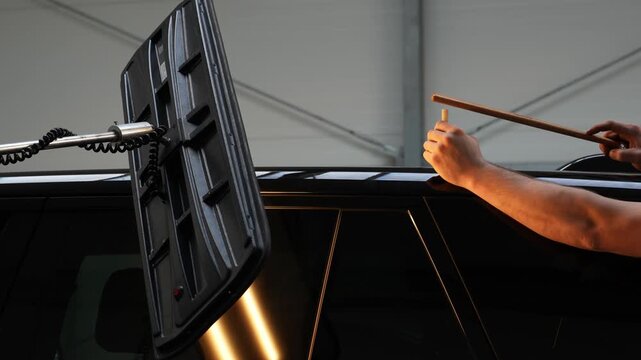4k video PDR technician uses a precision knockdown punch and a wooden hammer to level metal high spots.