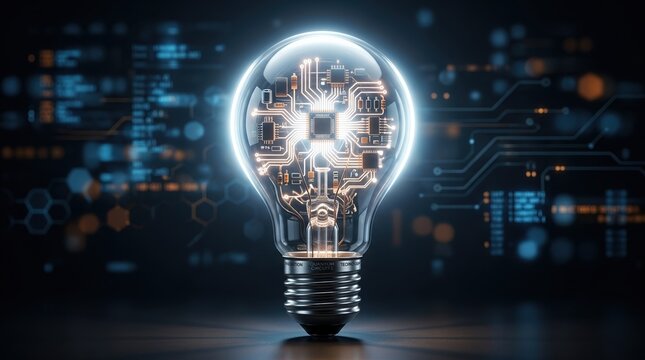 Light bulb with a technology circuit concept inside the glass, glowing with a bright white light on a dark background. 
