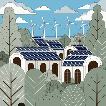 Sustainable modern industrial buildings with rooftop solar panels and trees
