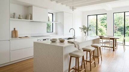 Fototapeta premium Minimalist white kitchen featuring clean design lines, a simple sink, and a modern island with soft textures in a bright room. The