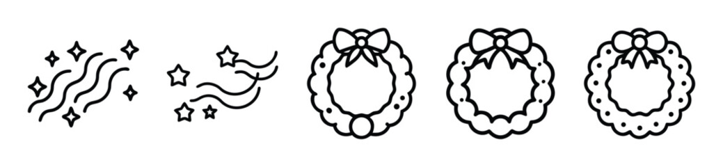 Fototapeta premium Set of holiday vector icons featuring festive christmas wreaths and sparkling magical stars designed in a simple clean black line art style