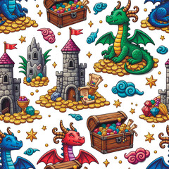 Cute 3d seamless pattern with friendly dragons, medieval stone castles and wooden treasure chests full of gold coins and colorful gems. Magical fairy tale vector background for kids design. © Elmar