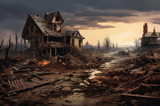 Ruined houses and wreckage define a desolate, post apocalyptic landscape under an ominous sky