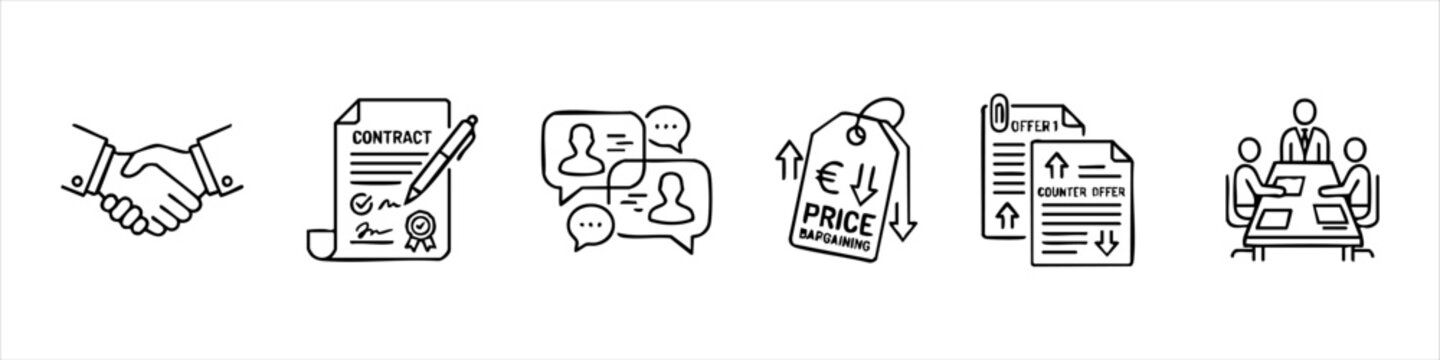 Business Negotiation and Contract Agreement Outline Icons Set - Handshake, Meeting, Counter Offer, and Price Bargaining Concepts